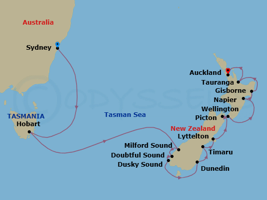 14 Night - Kiwi Quest - Seven Seas Mariner - Starting in Sydney AU, Cruising the Tasman Sea, Hobart (Tasmania), Cruising the Tasman Sea, Cruising the Milford Sound, Cruising the Doubtful Sound, Cruising the Dusky Sound, Dunedin, Timaru, Christchurch (Lyttelton), Picton, Wellington, Napier, Gisborne, Rotorua (Tauranga), Auckland itinerary map