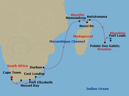 15 Night - Southeast Africa Unveiled - Seven Seas Voyager - Starting in Port Louis, Pointe Des Galets, Cruising the Indian Ocean, Antsiranana, Nosy Be, Mayotte, Cruising the Indian Ocean, Durban, East London, Port Elizabeth ZA, Mossel Bay, Cape Town itinerary map
