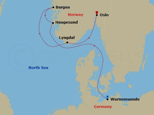 5 Night - Northern Europe - MSC Magnifica - Starting in Warnemunde (Berlin), Germany, Haugesund, Norway, Bergen, Norway, Lyngdal, Norway, Oslo, Norway itinerary map