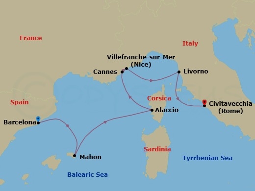 7 Night - A Journey Through French Coastal Glamour & Italian Masterpieces - EXPLORA V - Starting in Barcelona, Mahon (Menorca), Ajaccio (Corsica), Cannes, Villefranche-Sur-Mer (Nice), Livorno (Florence), Civitavecchia (Rome) itinerary map