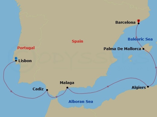 7 Night - A Journey Across Hispanic Elegance, Mediterranean Heritage & Sun-Drenched Shores - EXPLORA I - Starting in Lisbon, Cadiz, Malaga, Spain, Algiers, Palma De Mallorca, Barcelona itinerary map