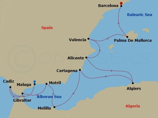 10 Night - A Journey of Andalusian Legends & Historic North African Crossroads - EXPLORA V - Starting in Malaga, Spain, Cadiz, Gibraltar, Motril, Melilla, Cartagena ES, Algiers, Alicante, Valencia, Palma De Mallorca, Barcelona itinerary map