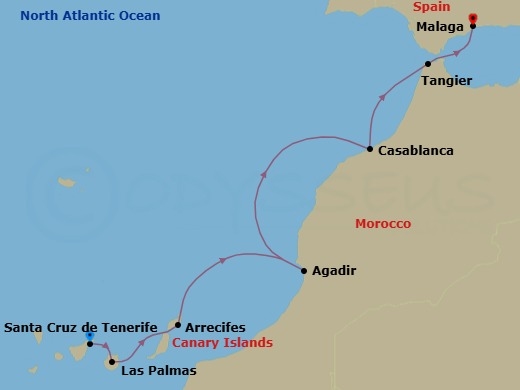 7 Night - A Journey Through Volcanic Isles, Moorish Medinas & Sun-Drenched Shores - EXPLORA V - Starting in Santa Cruz de Tenerife, Las Palmas De Gran Canaria, Arrecife (Lanzarote), Agadir, Casablanca, Tangier, Malaga, Spain itinerary map