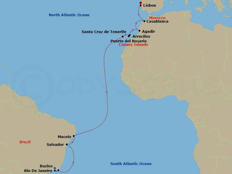 17 Night - A Grand Journey of Atlantic Rhythms & Cultures - EXPLORA I - Starting in Rio De Janeiro, Buzios, Brazil, Salvador De Bahia, Maceio, Santa Cruz de Tenerife, Puerto Del Rosario, Arrecife (Lanzarote), Agadir, Casablanca, Lisbon itinerary map