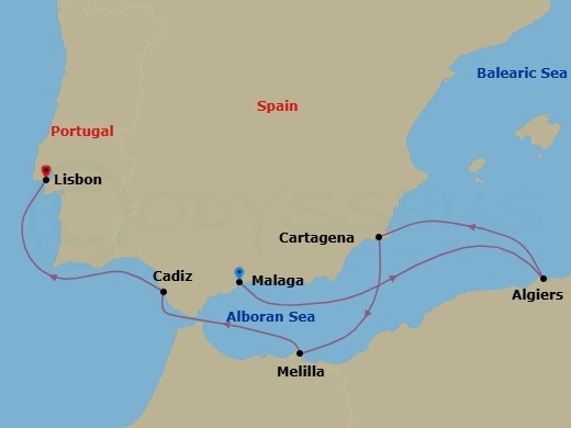 7 Night - A Journey of Andalusian Spirit & Bold North African Flavour - EXPLORA V - Starting in Malaga, Spain, Algiers, Cartagena ES, Melilla, Cadiz, Lisbon itinerary map