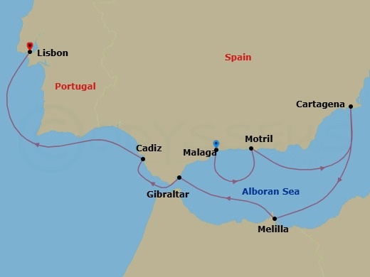 7 Night - A Journey Through Andalusian Legends, Coastal Fortresses & Portuguese Light - EXPLORA V - Starting in Malaga, Spain, Motril, Cartagena ES, Melilla, Gibraltar, Cadiz, Lisbon itinerary map