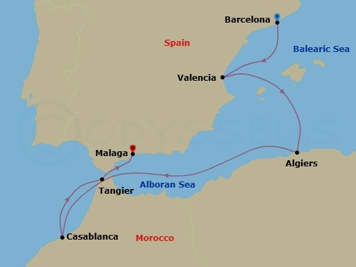 7 Night - A Journey Through Centuries of Mediterranean Heritage & Moorish Culture - EXPLORA V - Starting in Barcelona, Valencia, Algiers, Casablanca, Tangier, Malaga, Spain itinerary map