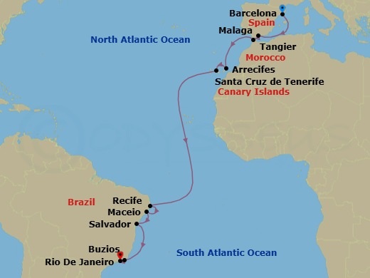 17 Night - A Grand Journey from Iberian Artistry to Brazil's Radiant Shores - EXPLORA I - Starting in Barcelona, Malaga, Spain, Tangier, Arrecife (Lanzarote), Santa Cruz de Tenerife, Recife, Maceio, Salvador De Bahia, Buzios, Brazil, Rio De Janeiro itinerary map
