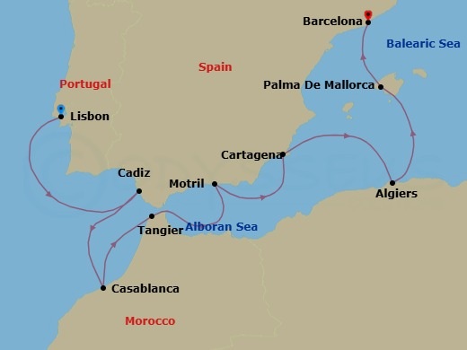 10 Night - A Journey of Moorish Echoes & Mediterranean Grace - EXPLORA I - Starting in Lisbon, Cadiz, Casablanca, Tangier, Motril, Cartagena ES, Algiers, Palma De Mallorca, Barcelona itinerary map