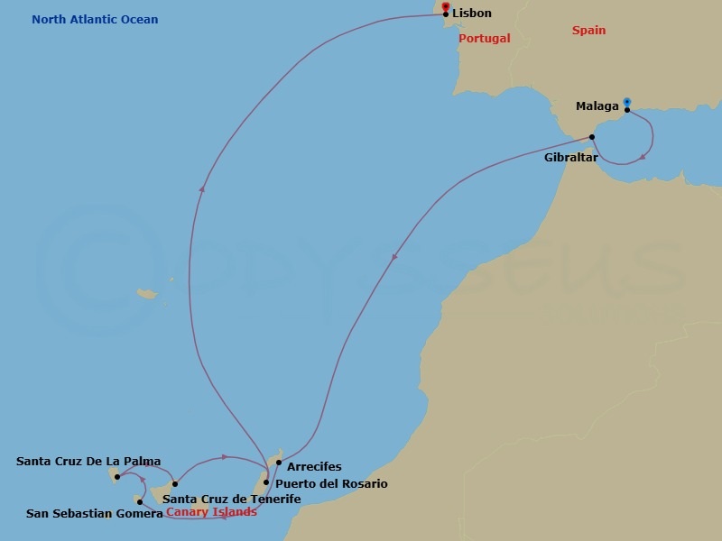 9 Night - A Journey of Canary Islands Sunsets & Sun-Lit Shores - EXPLORA I - Starting in Malaga, Spain, Gibraltar, Arrecife (Lanzarote), San Sebastian De La Gomera, Santa Cruz de La Palma, Santa Cruz de Tenerife, Puerto Del Rosario, Lisbon itinerary map