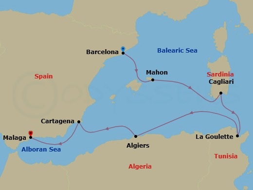 7 Night - A Journey Through European Legends, African Marvels & Calm Shores - EXPLORA I - Starting in Barcelona, Mahon (Menorca), Sardinia / Cagliari, Tunis / La Goulette, Algiers, Cartagena ES, Malaga, Spain itinerary map