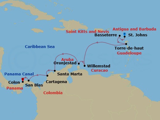 12 Night - Antigua - Panama - Star Clipper - Starting in St Johns AG, Basseterre, St Kitts (Morning), South Friars Bay, St Kitts, Terre De Haut, Iles des Saintes, Willemstad AN, Curacao, Oranjestad, Aruba, Santa Marta, Colombia, Cartagena De Indias, Colombia, San Blas Archipelago, Panama, Colon, Panama itinerary map