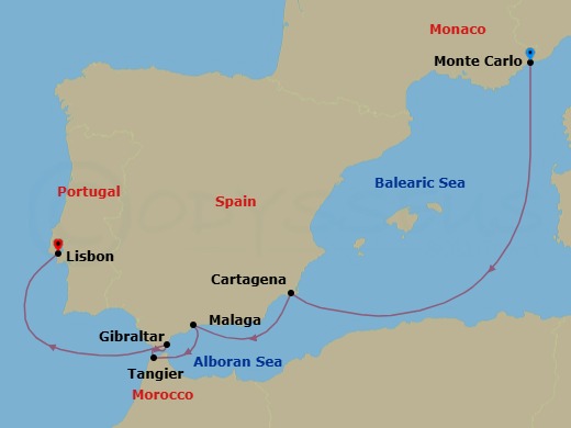 7 Night - Monte Carlo / Lisbon - Evrima - Starting in Monte Carlo, Cartagena ES, Malaga, Tangier, Gibraltar, Lisbon itinerary map