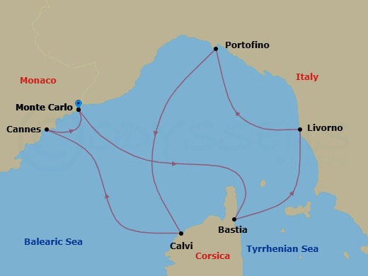 6 Night - Monte Carlo / Monte Carlo - Evrima - Starting in Monte Carlo, Bastia, Corsica, Livorno, Portofino, Calvi, Corsica, Cannes, Monte Carlo itinerary map