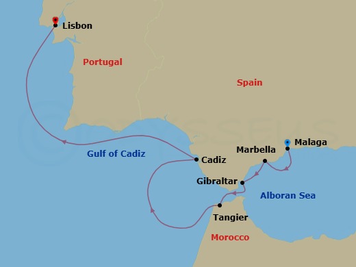 6 Night - Malaga / Lisbon - Ilma - Starting in Malaga, Marbella, Gibraltar, Tangier, Cadiz, Lisbon itinerary map