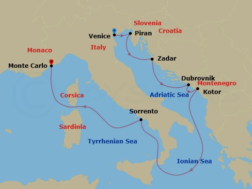 8 Night - Venice / Monte Carlo - Evrima - Starting in Venice, Piran, Zadar, Dubrovnik, Croatia, Kotor, Sorrento, Monte Carlo itinerary map