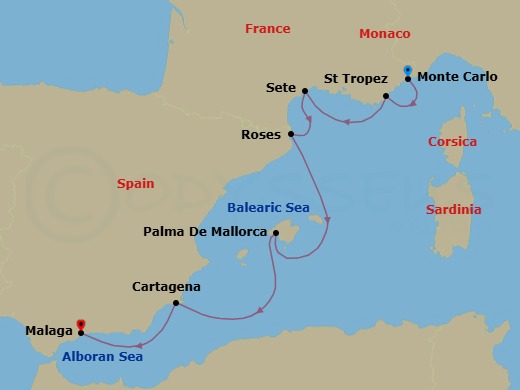 7 Night - Monte Carlo / Malaga - Ilma - Starting in Monte Carlo, Saint-Tropez, Sete, Roses, Palma de Mallorca, Mallorca, Balearic Islands, Cartagena ES, Malaga itinerary map