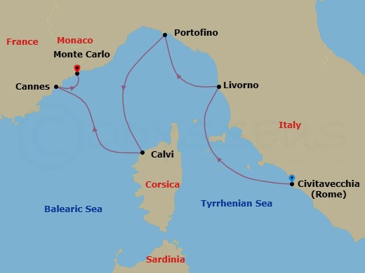 5 Night - Rome (Civitavecchia) / Monte Carlo - Ilma - Starting in Rome (Civitavecchia), Livorno, Portofino, Calvi, Corsica, Cannes, Monte Carlo itinerary map