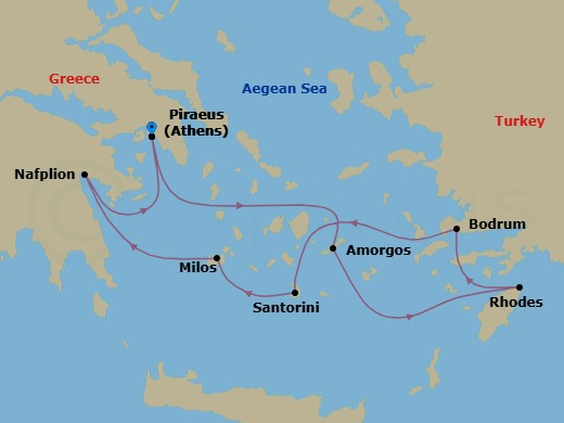 7 Night - Athens (Piraeus) / Athens (Piraeus) - Evrima - Starting in Athens (Piraeus), Amorgos, Rhodes, Bodrum, Santorini, Milos, Nafplio, Athens (Piraeus) itinerary map