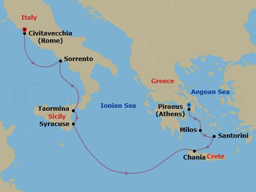 8 Night - Athens (Piraeus) / Rome (Civitavecchia) - Ilma - Starting in Athens (Piraeus), Milos, Santorini, Chania (Souda), Crete, Siracusa, Sicily, Taormina (Naxos), Sicily, Sorrento, Rome (Civitavecchia) itinerary map