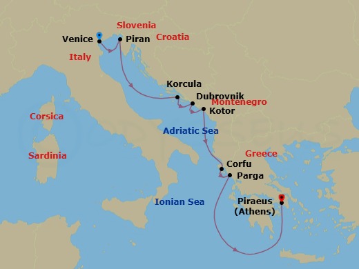 8 Night - Venice / Athens (Piraeus) - Ilma - Starting in Venice, Piran, Korcula, Dubrovnik, Croatia, Kotor, Corfu, Parga, Athens (Piraeus) itinerary map