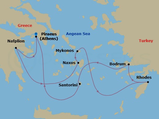 7 Night - Athens (Piraeus) / Athens (Piraeus) - Ilma - Starting in Athens (Piraeus), Nafplio, Naxos, Mykonos, Rhodes, Bodrum, Santorini, Athens (Piraeus) itinerary map
