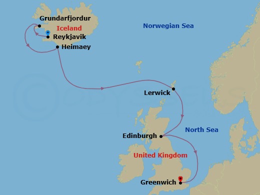 9 Night - Reykjavik / London (Greenwich), England - Evrima - Starting in Reykjavik, Grundarfjordur, Heimaey Island, Lerwick, Shetland Islands, Edinburgh, Scotland, London (Greenwich), England itinerary map