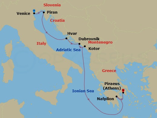 7 Night - Venice / Athens (Piraeus) - Ilma - Starting in Venice, Piran, Hvar, Dubrovnik, Croatia, Kotor, Nafplio, Athens (Piraeus) itinerary map