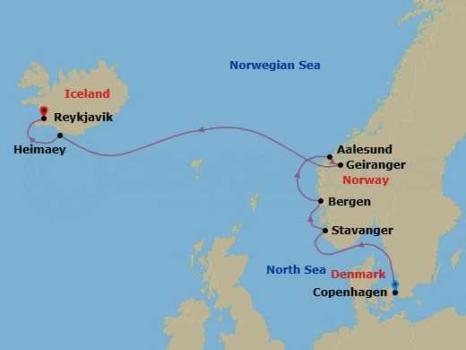 9 Night - Copenhagen / Reykjavik - Evrima - Starting in Copenhagen, Stavanger, Bergen, Alesund, Geiranger, Norway, Heimaey Island, Reykjavik itinerary map