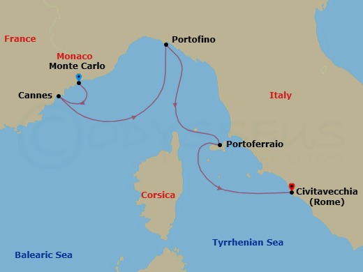 4 Night - Monte Carlo / Rome (Civitavecchia) - Ilma - Starting in Monte Carlo, Cannes, Portofino, Portoferraio, Elba, Rome (Civitavecchia) itinerary map