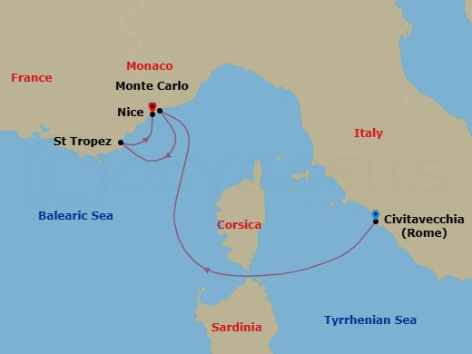 5 Night - Rome (Civitavecchia) / Nice - Evrima - Starting in Rome (Civitavecchia), Monte Carlo, Saint-Tropez, Nice itinerary map