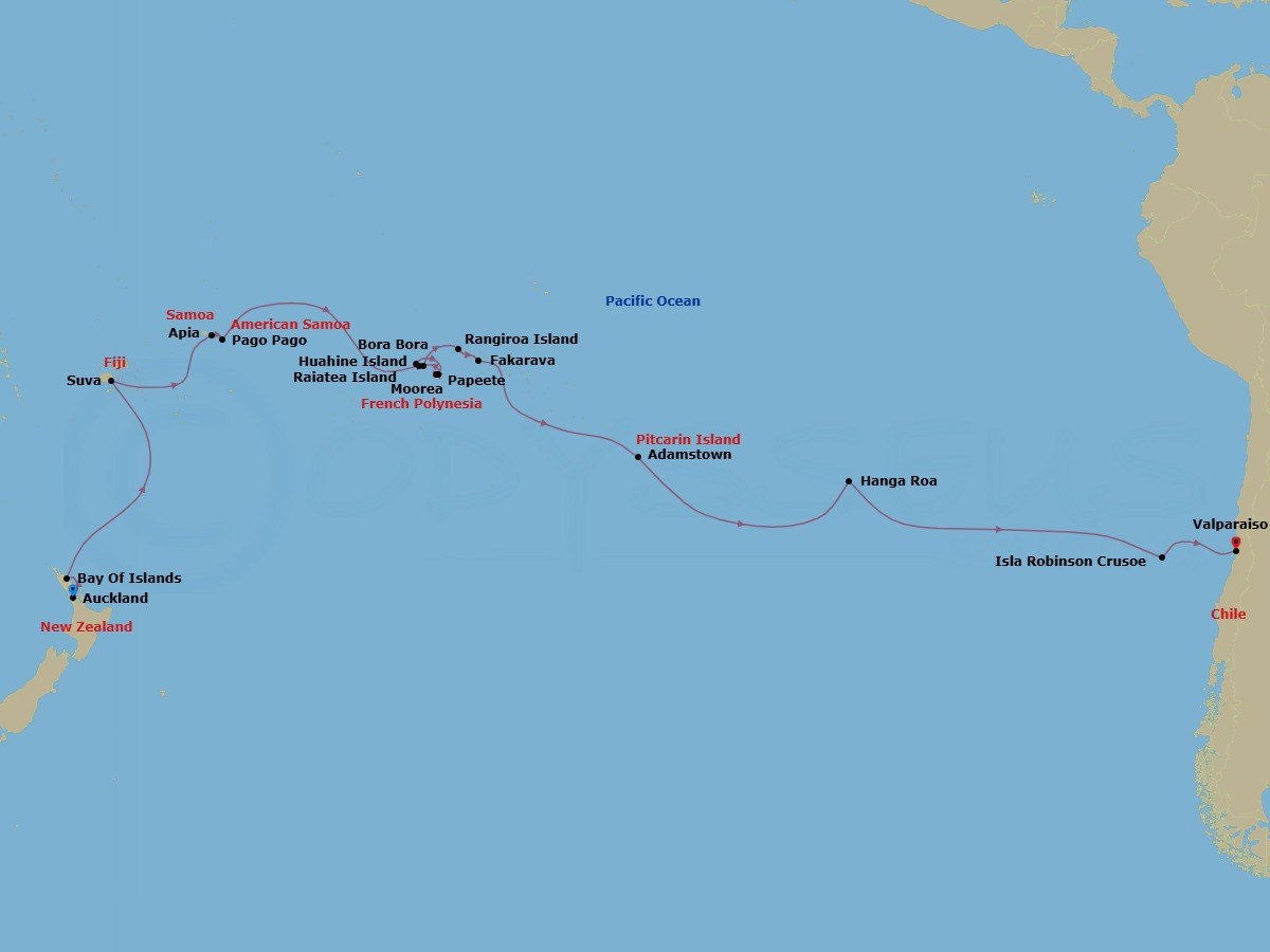 29 Night - South Pacific - Crystal Symphony - Starting in Auckland, Bay of Islands, Suva, Apia, Pago Pago, Date Line gain a day, Raiatea, Bora Bora (Society Islands), Papeete (Tahiti), Moorea Island, Papeete (Tahiti), Huahine, Rangiroa, Fakarava, Adamstown (Sightseeing Only), Hanga Roa, Robinson Crusoe Island, Valparaiso itinerary map