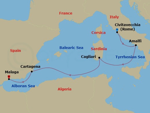 6 Night - A Journey Through Cliffs, Islands and Andalusian Light - EXPLORA II - Starting in Civitavecchia (Rome), Amalfi, Sardinia / Cagliari, Cartagena ES, Malaga, Spain itinerary map