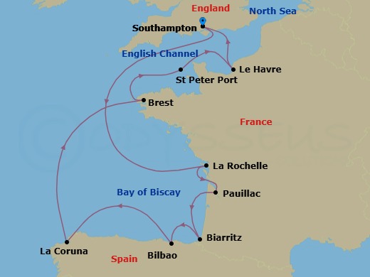 13 Night - Verdant Voyage - Seven Seas Prestige - Starting in London (Southampton), Cruising the English Channel and Bay of Biscay, La Rochelle, France, Bordeaux (Pauillac), Biarritz (Saint-Jean-De-Luz), Bilbao, La Coruna, Cruising the Bay of Biscay, Brest, St Peter Port, Guernsey, Paris (Le Havre), Cruising the North Sea, London (Southampton) itinerary map