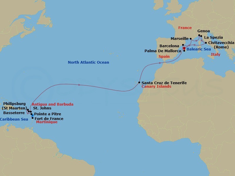 20 Night - Msc Grand Voyages - MSC World Europa - Starting in Fort-de-France, Martinique, Pointe-A-Pitre, Guadeloupe, Philipsburg, St Maarten, Basseterre, St Kitts and Nevis, St Johns AG, Antigua, Santa Cruz de Tenerife, Barcelona, Spain, Marseille (Provence), France, Genoa (Portofino), Italy, La Spezia (Cinque Terre), Italy, Civitavecchia (Rome), Italy, Palma De Mallorca (Baleari Is), Spain itinerary map