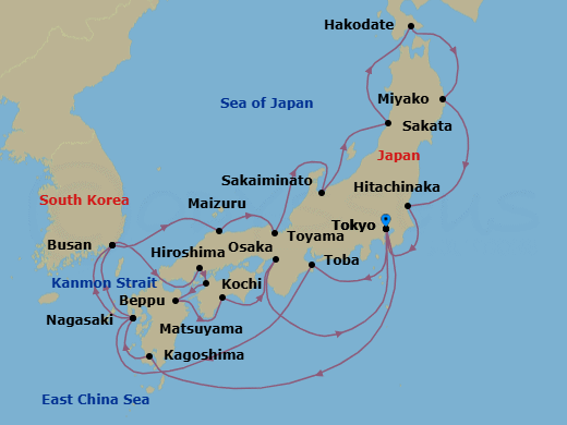 24 Night - Grand Japan Cherry Blossoms - Diamond Princess - Starting in Tokyo, Japan, Kagoshima, Japan, Nagasaki, Japan, Busan, South Korea, Kanmon Straits, Japan, Hiroshima, Japan, Matsuyama, Japan, Beppu, Japan, Kochi, Japan, Osaka (for Kyoto), Japan, Tokyo, Japan, Toba, Japan, Nagasaki, Japan, Busan, South Korea, Sakaiminato, Japan, Maizuru, Japan, Toyama (Fushiki), Japan, Sakata, Japan, Hakodate, Japan, Miyako, Japan, Hitachinaka (for Nikko), Japan, Tokyo, Japan itinerary map