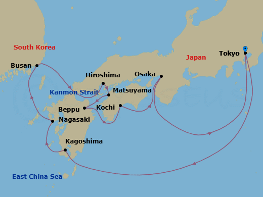 12 Night - Japan Explorer Cherry Blossoms - Diamond Princess - Starting in Tokyo, Japan, Kagoshima, Japan, Nagasaki, Japan, Busan, South Korea, Kanmon Straits, Japan, Hiroshima, Japan, Matsuyama, Japan, Beppu, Japan, Kochi, Japan, Osaka (for Kyoto), Japan, Tokyo, Japan itinerary map