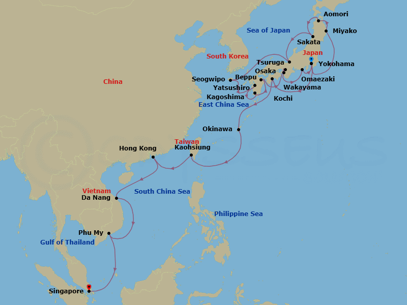 28 Night - Japan & Southeast Asia - Diamond Princess - Starting in Tokyo (Yokohama), Japan, Miyako, Japan, Aomori, Japan, Sakata, Japan, Tsuruga, Japan, Jeju (Seogwipo), South Korea, Yatsushiro, Japan, Kagoshima, Japan, Beppu, Japan, Osaka (for Kyoto), Japan, Wakayama, Japan, Omaezaki, Japan, Tokyo (Yokohama), Japan, Kochi, Japan, Okinawa, Japan, Kaohsiung, Taiwan, Hong Kong, Da Nang / Hue (Chan May), Vietnam, Ho Chi Minh City (Phu My), Vietnam, Singapore itinerary map