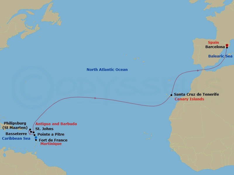 14 Night - Msc Grand Voyages - MSC World Europa - Starting in Fort-de-France, Martinique, Pointe-A-Pitre, Guadeloupe, Philipsburg, St Maarten, Basseterre, St Kitts and Nevis, St Johns AG, Antigua, Santa Cruz de Tenerife, Barcelona, Spain itinerary map