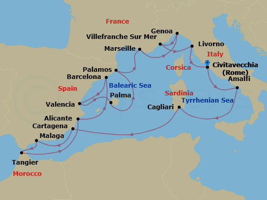 19 Night - An Extended Journey of Shifting Cultures & Coastal Continuity - EXPLORA II - Starting in Civitavecchia (Rome), Amalfi, Sardinia / Cagliari, Cartagena ES, Malaga, Spain, Tangier, Alicante, Barcelona, Valencia, Palma De Mallorca, Palamos, Marseille, Genoa, Villefranche-Sur-Mer (Nice), Livorno (Florence), Civitavecchia (Rome) itinerary map