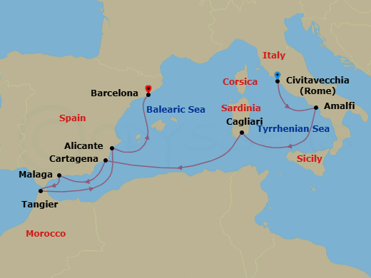 10 Night - A Journey from Amalfi's Cliffs to Andalusian Sun - EXPLORA II - Starting in Civitavecchia (Rome), Amalfi, Sardinia / Cagliari, Cartagena ES, Malaga, Spain, Tangier, Alicante, Barcelona itinerary map