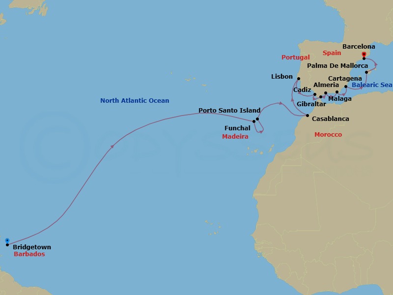 23 Night - Star Collector : Spanish Shores Transatlantic Crossing - Star Legend - Starting in Bridgetown, Barbados, Funchal, Madeira, Porto Santo, Madeira, Casablanca, Lisbon, Cadiz, Gibraltar, Malaga, Almeria, Granada, Cartagena ES, Palma De Mallorca, Barcelona itinerary map