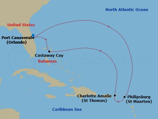 7 Night - Eastern Caribbean Cruise from Port Canaveral - Disney Treasure - Starting in Port Canaveral, Philipsburg, St Maarten, St Thomas, US Virgin Islands, Castaway Cay, Port Canaveral itinerary map