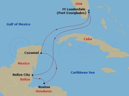 7 Night - Western Caribbean with Mexico & Celebration Key - Regal Princess - Starting in Fort Lauderdale, Florida, Belize City, Belize, Roatan (Isla Tropicale), Honduras, Cozumel, Mexico, Fort Lauderdale, Florida itinerary map