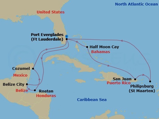 14 Night - Eastern / Western Caribbean Adventurer - Regal Princess - Starting in Fort Lauderdale, Florida, Relaxaway, Half Moon Cay, San Juan, Puerto Rico, St Maarten, Fort Lauderdale, Florida, Belize City, Belize, Roatan (Isla Tropicale), Honduras, Cozumel, Mexico, Fort Lauderdale, Florida itinerary map