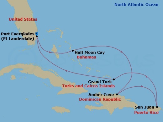 7 Night - Eastern Caribbean with Puerto Rico - Regal Princess - Starting in Fort Lauderdale, Florida, Relaxaway, Half Moon Cay, Amber Cove, Dominican Republic, San Juan, Puerto Rico, Grand Turk, Turks and Caicos, Fort Lauderdale, Florida itinerary map