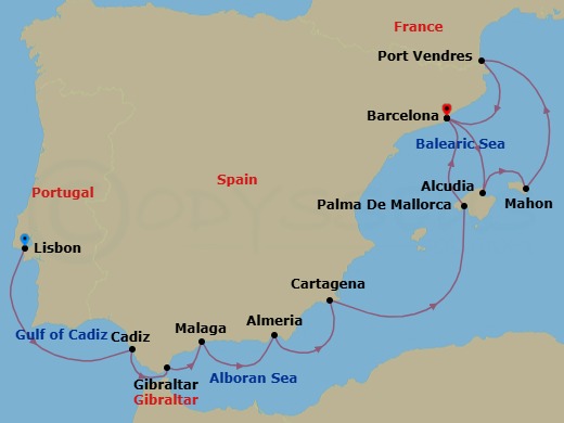 12 Night - Moorish Legacies & Island Escapes - Star Legend - Starting in Lisbon, Cadiz, Gibraltar, Malaga, Almeria, Granada, Cartagena ES, Palma De Mallorca, Barcelona, Alcudia, Mallorca, Mahon, Port Vendres, Barcelona itinerary map