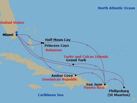 14 Night - Eastern Caribbean Adventurer with Celebration Key - Regal Princess - Starting in Miami, Florida, Celebration Key, Bahamas, Amber Cove, Dominican Republic, San Juan, Puerto Rico, Grand Turk, Turks and Caicos, Miami, Florida, Relaxaway, Half Moon Cay, San Juan, Puerto Rico, St Maarten, Miami, Florida itinerary map