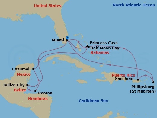 14 Night - Eastern / Western Caribbean Adventurer with Celebration Key - Regal Princess - Starting in Miami, Florida, Relaxaway, Half Moon Cay, San Juan, Puerto Rico, St Maarten, Miami, Florida, Belize City, Belize, Roatan (Isla Tropicale), Honduras, Cozumel, Mexico, Celebration Key, Bahamas, Miami, Florida itinerary map