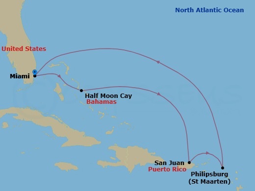 7 Night - Eastern Caribbean with St. Thomas - Regal Princess - Starting in Miami, Florida, Relaxaway, Half Moon Cay, San Juan, Puerto Rico, St Maarten, Miami, Florida itinerary map